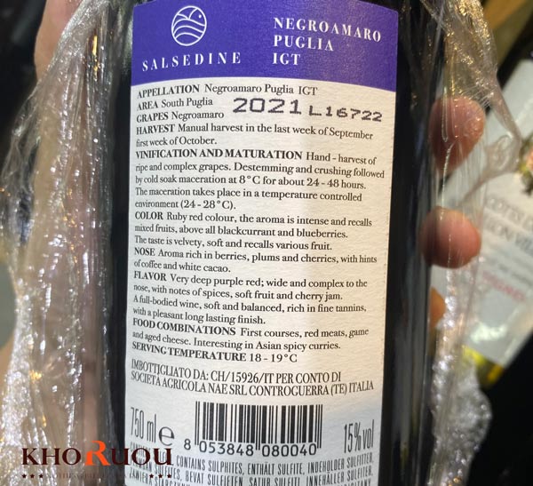 Rượu vang Ý Salsedine Negroamaro IGP 2021