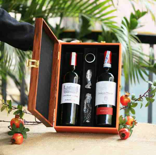 Set 2 chai Vang Pháp Chateau du Pin Bordeaux AOC và Vang Ý Ornella Molon MERLOT kèm hộp gỗ Fine Wine Collection